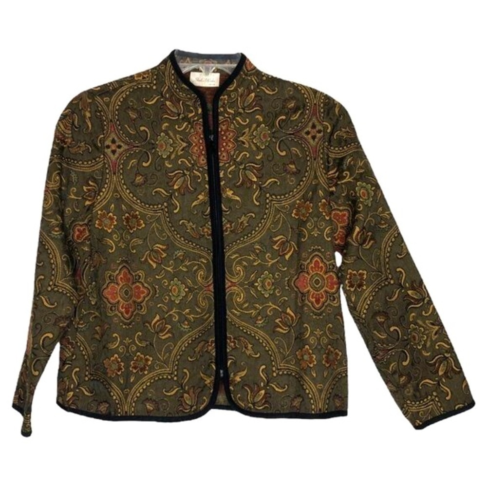 Studio WORKS PETITE - Olive Green, Tan & Orange Brocade Floral Blazer - Size 8P